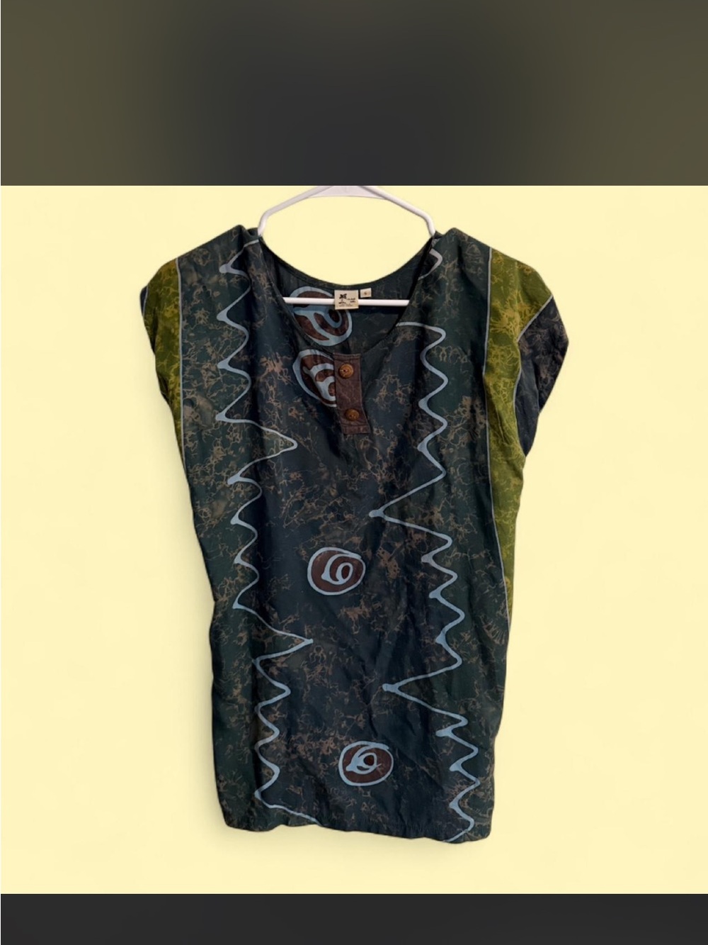 Short Sleeve Olive Green & Black Patterned Button-Front Tee